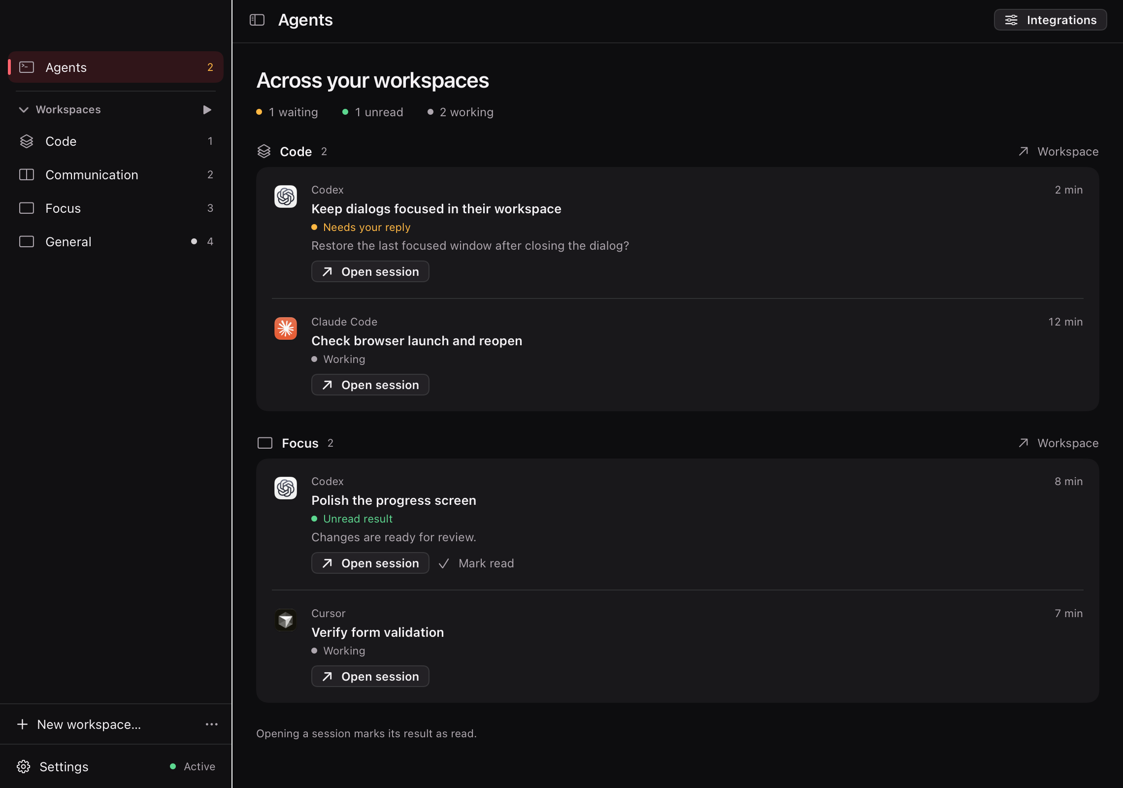 Layout's Agents dashboard, Across your workspaces: under Code, a Codex session that needs your reply and a Claude Code session working; under Focus, a Codex result to read and a Cursor session working.