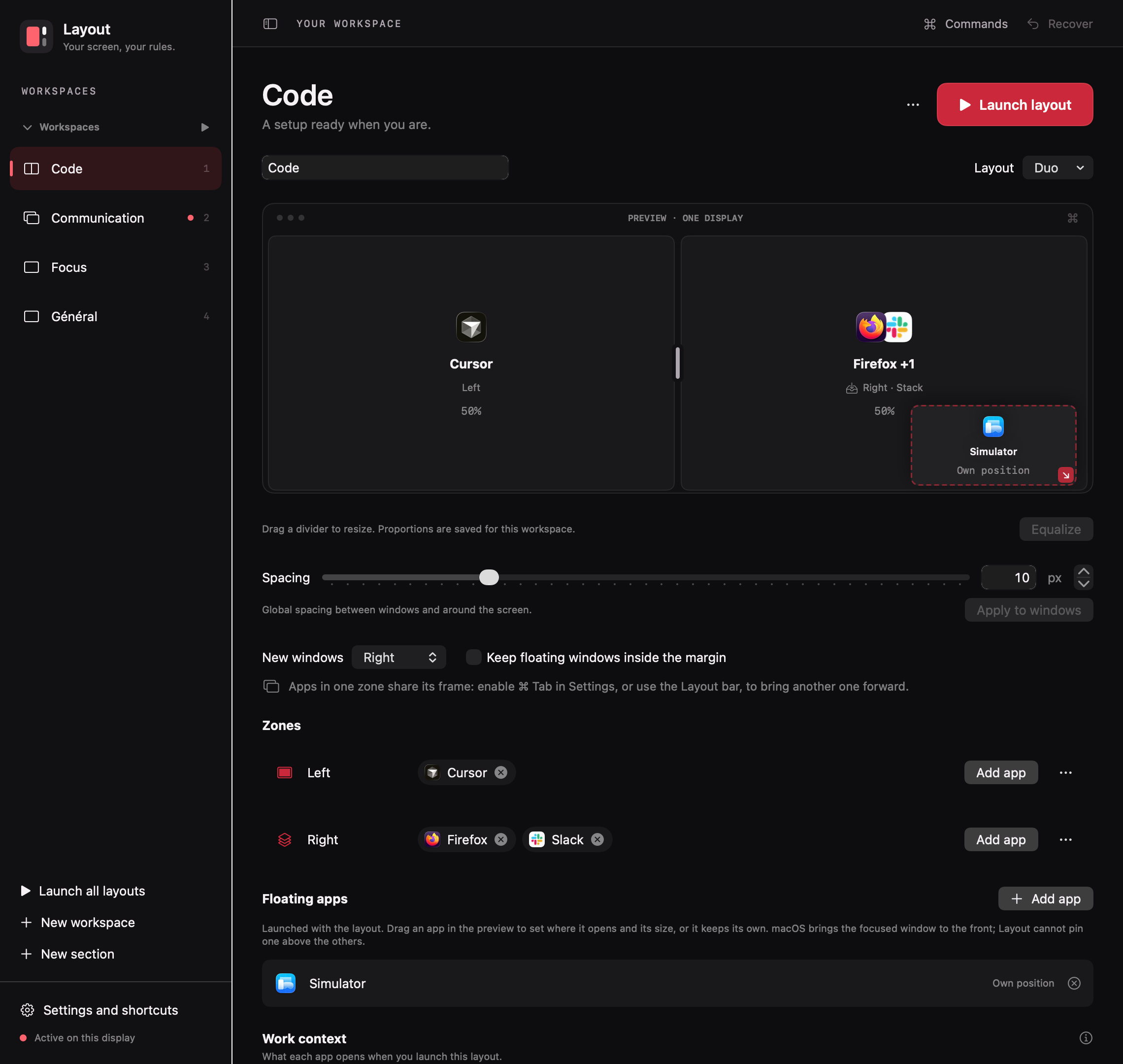 The Layout editor showing the Code workspace: a Duo layout with Cursor on the left, Firefox and Slack stacked on the right, the Simulator floating, spacing set to 10 px, and the zones and floating apps lists.