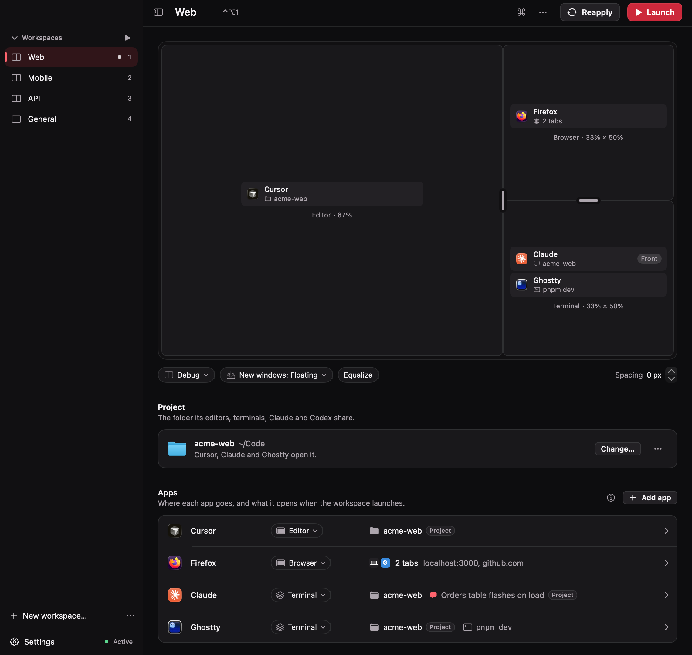 The Layout editor showing Web, one of three project workspaces with Mobile and API: Cursor on the left with acme-web, Firefox top right with two tabs, and Claude in front of Ghostty running pnpm dev below, each listed on its own row, then the project folder acme-web and the Apps list with where each app goes and what it opens.