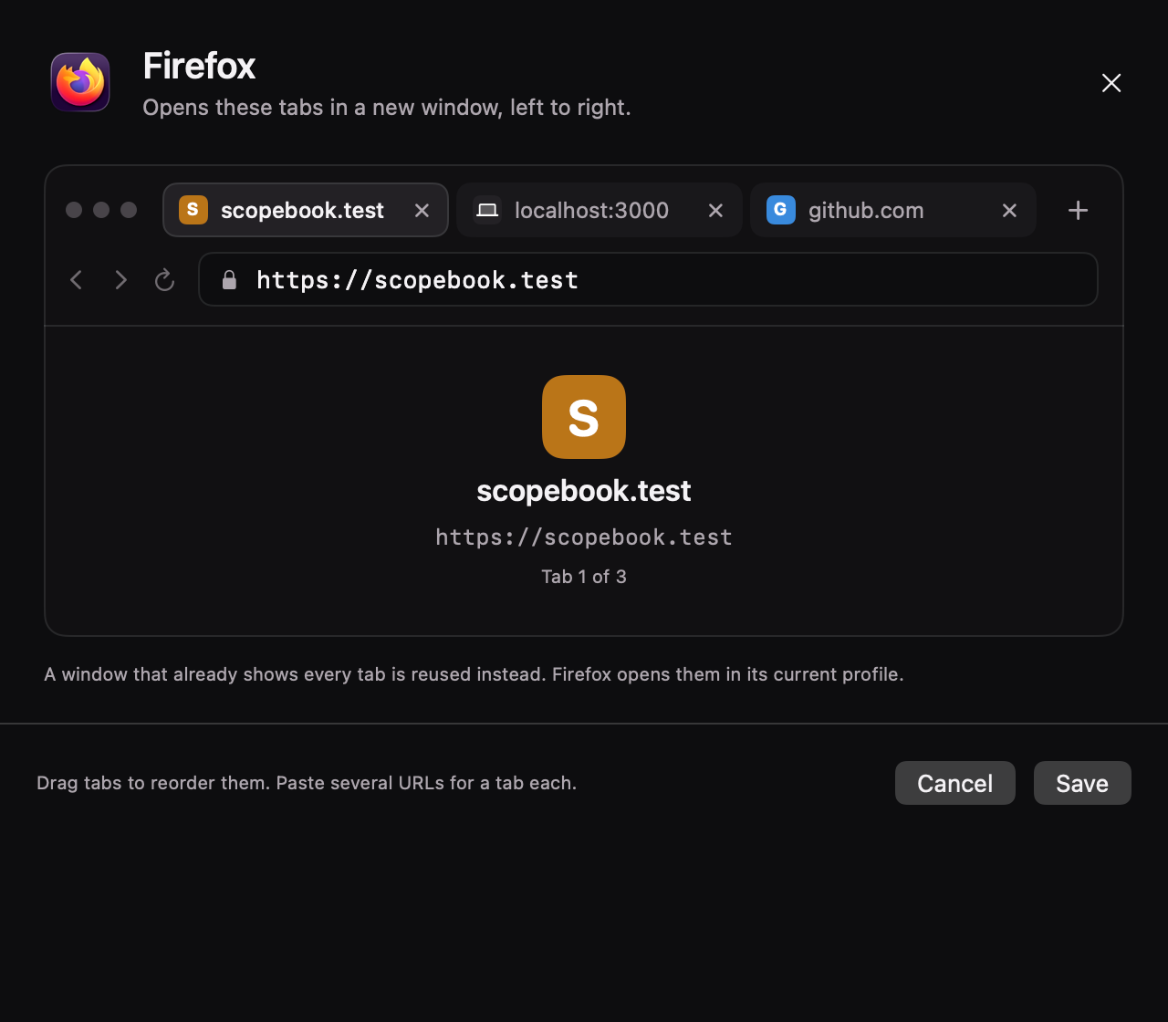 The Firefox work context dialog: three tabs, scopebook.test, localhost:3000 and github.com, in a browser-like editor with Cancel and Save buttons.