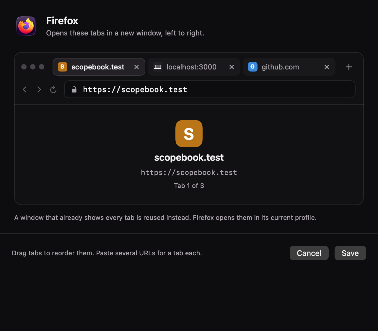The Firefox work context dialog: three tabs, scopebook.test, localhost:3000 and github.com, in a browser-like editor with Cancel and Save buttons.